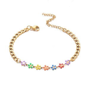Detail of gold plated chain with colorful enamel flowers and lobster clasp adjustment