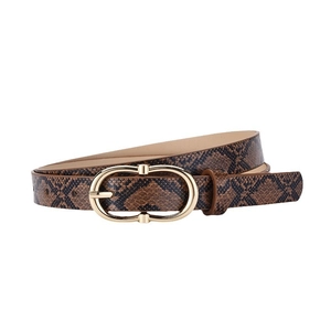 Brown snake skin texture women's belt featuring a gold oval pin buckle on white background