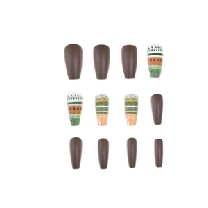 Long ballet press-on nails with brown matte finish and bohemian geometric leaf patterns