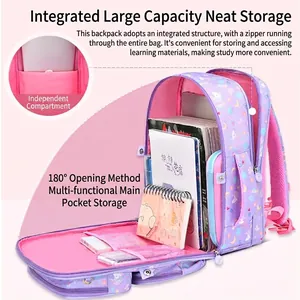 Waterproof purple school bag for girls with 180-degree opening and unicorn pattern