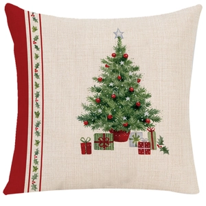 Linen Christmas pillow case featuring a decorated tree and red gifts on beige background