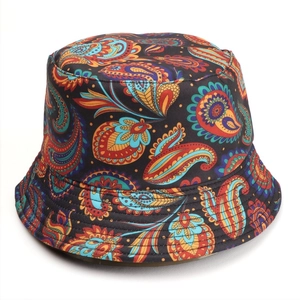 Close-up of paisley print and neat stitching on a reversible cotton bucket hat