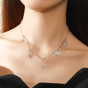 S925 sterling silver heart and star pendant necklace with colorful diamonds for women