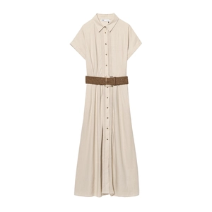 Minimalist beige linen short sleeve dress with woven belt and front buttons
