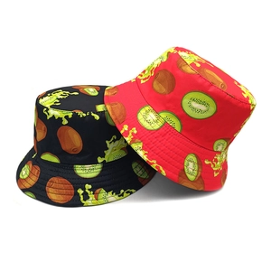 Reversible bucket hat with kiwi print, available in black and red for outdoor sun protection