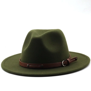 Detail of dark green wool fedora hat featuring brown leather band with metal rivets