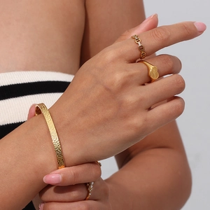 18K gold plated stainless steel hammered cuff bracelet and jewelry set for women