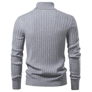 Detailed back view of a men's grey turtleneck knit sweater with vertical ribbing texture