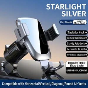 Macro side view of silver gravity car phone mount with a steel alloy tail hook