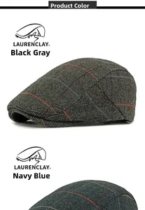 Detail view of wool flat caps in black gray and navy blue featuring herringbone patterns
