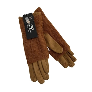 Brown touch screen knit gloves for women with thermal fleece lining and stylish dual texture