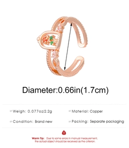 Detailed view of rose gold hollow ring with colorful zircon stones and copper band