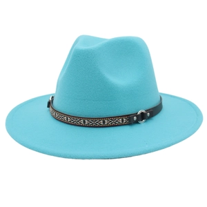 Ethnic style turquoise felt fedora hat with wide brim and decorative leather band