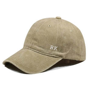 Detail of khaki washed cotton baseball cap with white RK letter embroidery on side