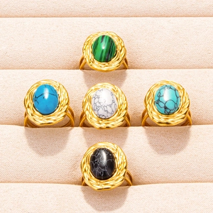 Adjustable 304 stainless steel rings set with various oval gemstone cabochons