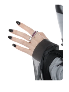 Detailed close-up of S925 sterling silver heart ring and red beaded band on model hand