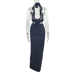 Back view of slim fit black halter dress featuring elegant tie-up back and ruched detail