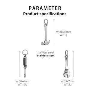 Macro detail of stainless steel hammer, screwdriver, and wrench hardware tool pendants