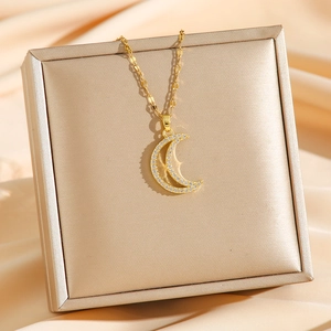 Elegant 18k gold plated moon pendant necklace with white zircons on champagne silk