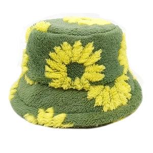 Winter plush green sunflower bucket hat in soft teddy fleece for warmth and outdoor style