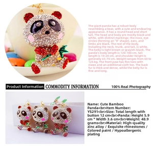 Detailed size specifications of the rhinestone panda keychain in three colors