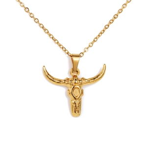 Golden stainless steel longhorn bull skull pendant necklace on white background