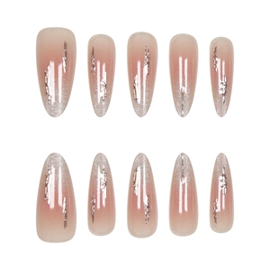 Almond press-on nails with pink cat eye gradient and silver liquid metal accents