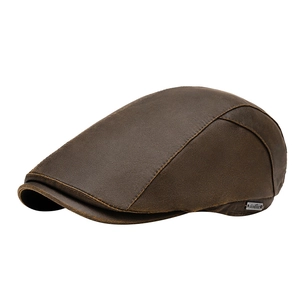 Berretto piatto in pelle marrone con placca in metallo, stile vintage newsboy unisex