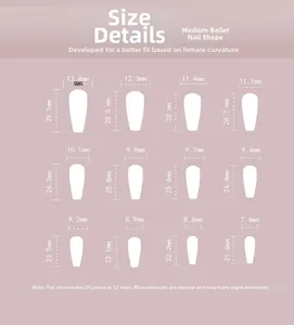Tabella taglie per unghie finte ballerina con 12 misure e dimensioni dettagliate in mm