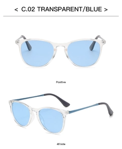 Front and 45-degree side views of children's oval sunglasses in transparent blue