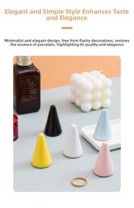 Set of five conical ceramic ring stands in yellow, black, white, blue, and pink colors