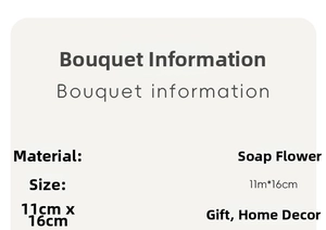 Detail specifications card for soap flower bouquet gift box measuring 11cm by 16cm
