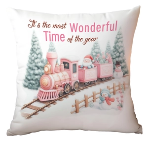 Detailed fabric texture of Christmas pillowcase with pink Santa Claus steam train print