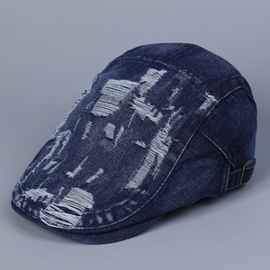 Vintage Denim Flat Cap Distressed Ripped Washed Retro Duckbill Hat Streetwear Newsboy Cap For Men Adjustable
