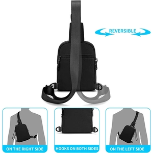 Detail of reversible chest bag with dual metal hooks and adjustable shoulder straps