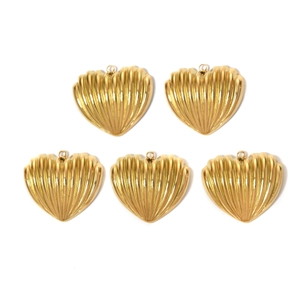 Five gold heart pendants with vertical stripes made of 304 stainless steel on white background