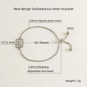 Polished silver stainless steel adjustable letter L bracelet with sandblasted finish