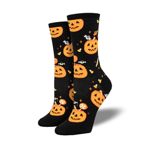 Halloween pumpkin and candy pattern black crew socks for men and women