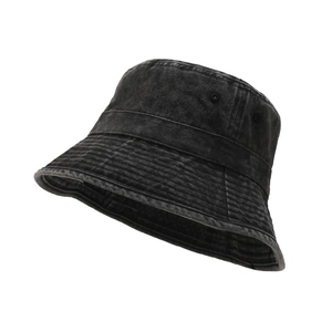 Retro washed charcoal black cotton bucket hat with distressed finish and metal eyelets