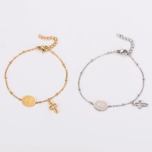 Vintage stainless steel bracelets with oval St. Benedict medals and cross pendants