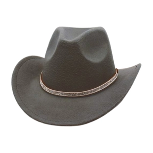 Detail of dark grey felt cowboy hat featuring a sparkling rose gold rhinestone band