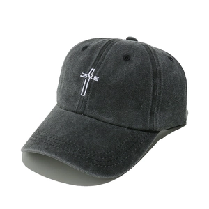 Vintage dark grey washed cotton baseball cap with white cross and Jesus embroidery