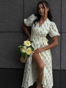 Pure Cotton Floral Wrap Dress V Neck Puff Sleeve Side Slit French Style Summer Casual Romantic Maxi Dress