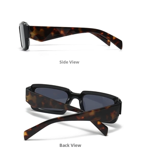 Detailansicht der rechteckigen Sonnenbrille mit Schildpattmuster, Seiten- und Rückansicht