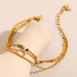 Three-layer 18K gold plated moon bracelet with green and white stone beads and metal balls