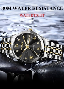 Close-up of luxury men's waterproof watch on wet stones highlighting 30M water resistance