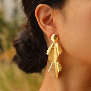 Leaf Dangle Earrings For Women Copper Multi Layer Fan Shaped Textured Gold Plated Statement Fashion Long Drop Jewelry