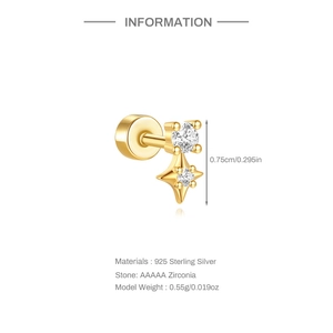 Detailed specs of a 925 sterling silver gold star stud earring with AAAAA zirconia stones