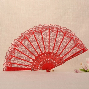 Elegant red lace folding fan with gold floral patterns and plastic ribs for dance decor