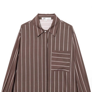 Brown vertical striped long sleeve shirt with chest pocket and white background